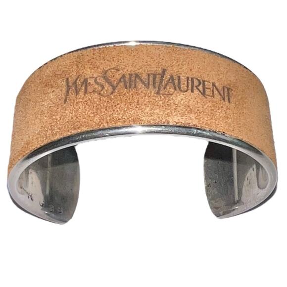 AUTH VTG Yves Saint Laurent YSL Sterling Silver Suede Leather Logo Cuff Bracelet - Picture 11 of 16